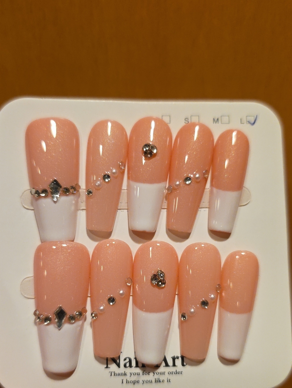 Peach Pearl French Tip Press-On Nails with Rhinestones Size Large